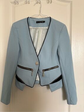 Light Blue Tailored Zip-Pocket Blazer Shoulder Padded